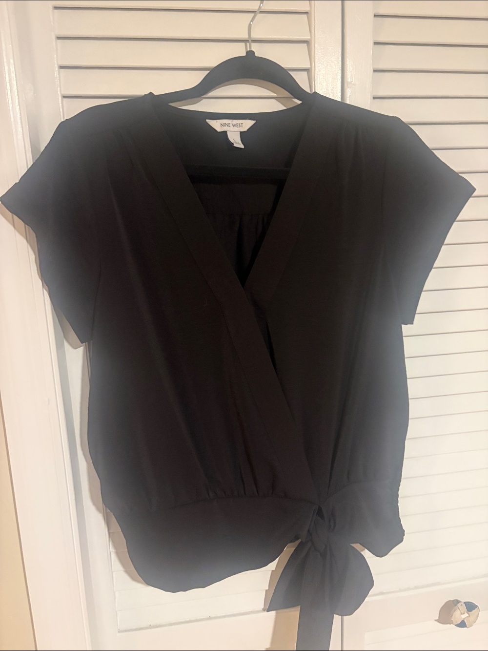 Nine West Black Wrap Tie Short Sleeve Blouse
